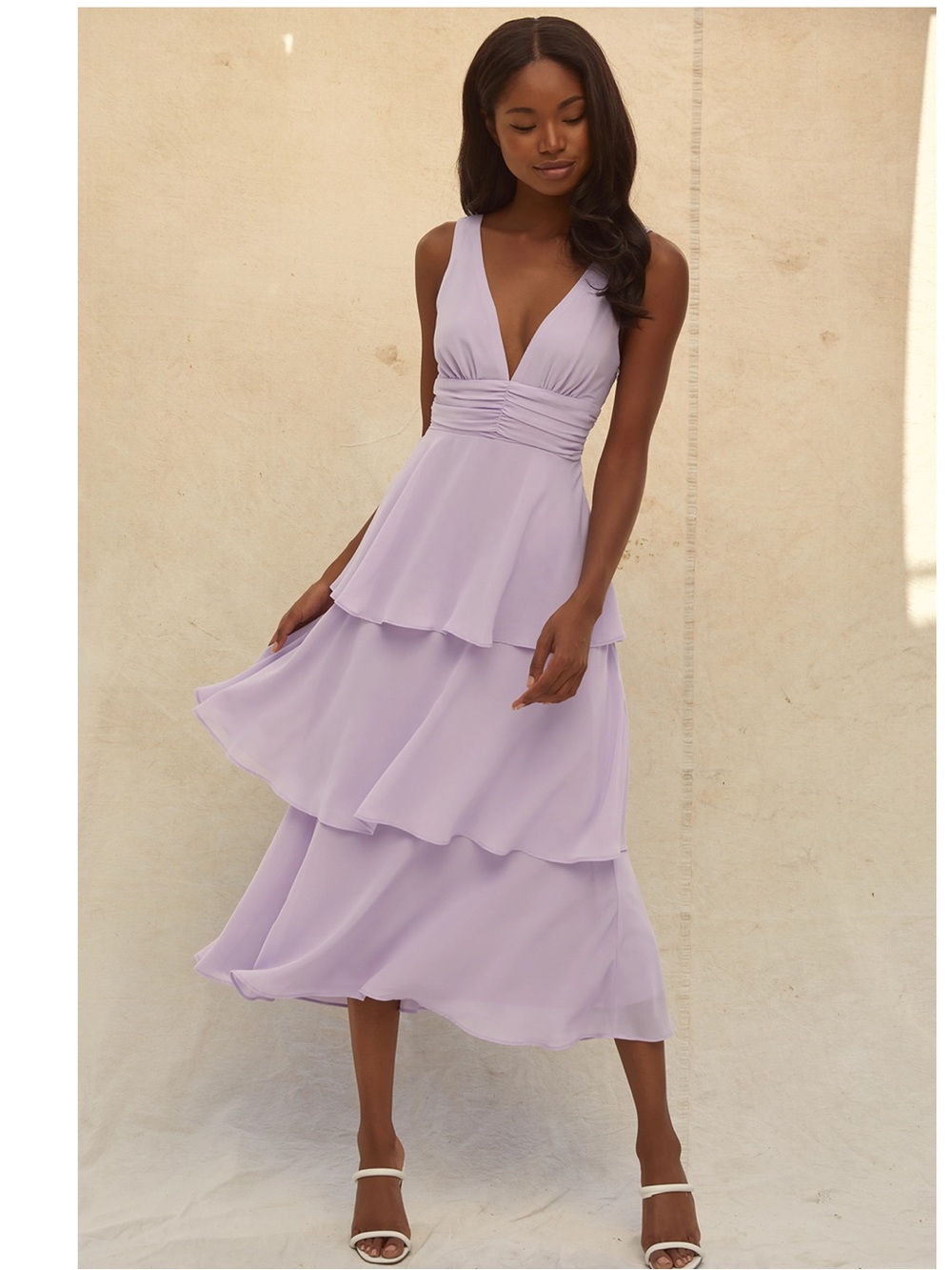 Lulus Celebration Time Lavender Sleeveless Tiered V-Neck Chiffon Midi Dress M